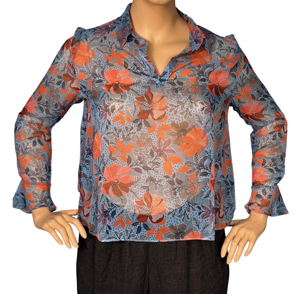 French Connection Womens Large Orange Blue Floral Sheer V-Neck Bell Cuff Blouse